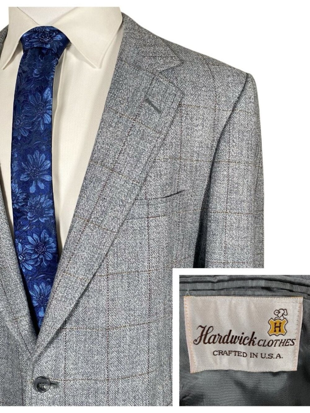 Vintage Hardwick Clothes Tweed Sport Coat 46L Blue Grey Silver Windowpane USA